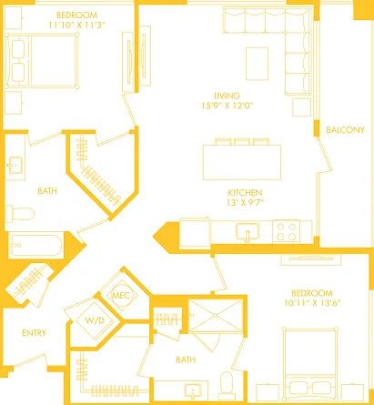 B8 | 2x2 | 1105 sq ft B8 | 2x2 | 1105 sq ft