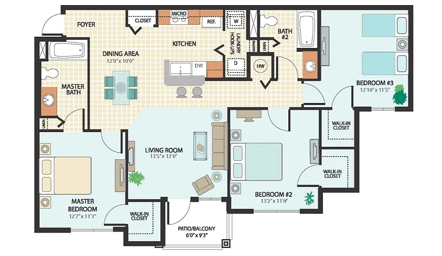 Floor plan 3 Bed, 2 Bath