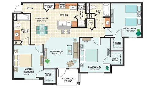 Floor plan 3 Bed, 2 Bath