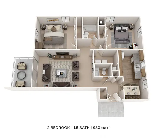 Floor plan Two Bedroom 1.5 Bath Townhome-980 sqft