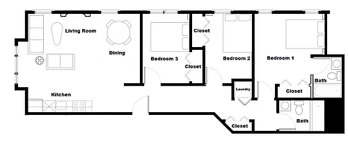 Floor plan Low Rise Apartment 3 Bed 2 Bath