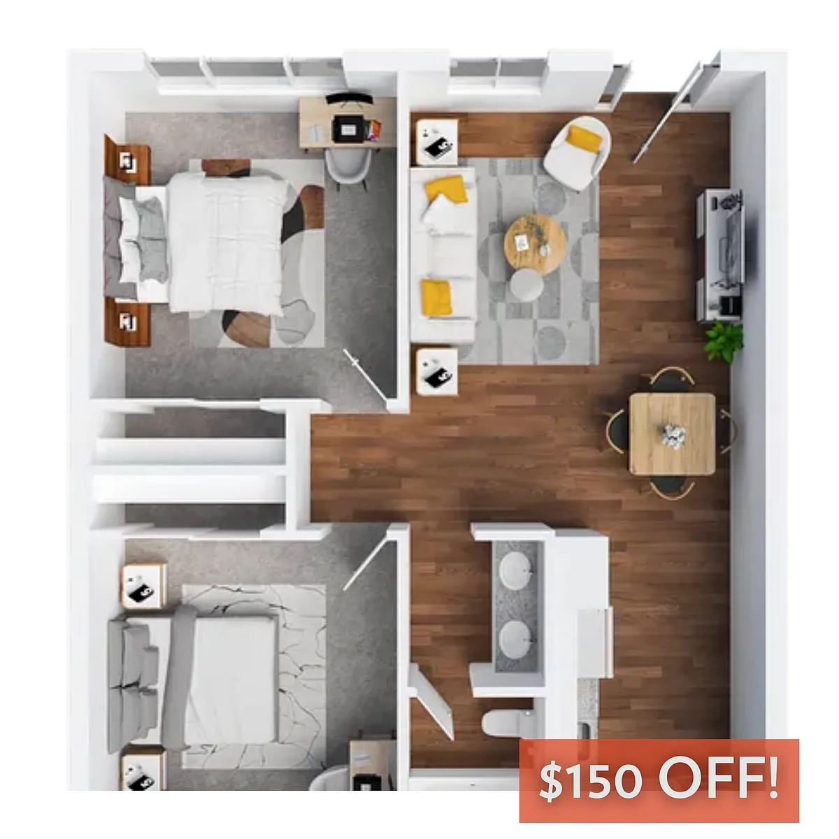 Floor plan 2BR/1BA - B
