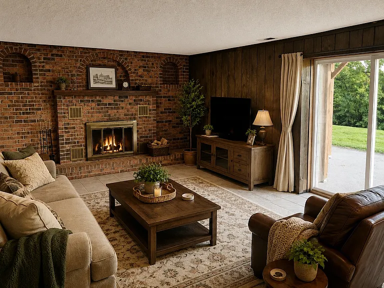 Whether you're enjoying a fire on a cool evening or relaxing on the patio, this family room is designed for every season.