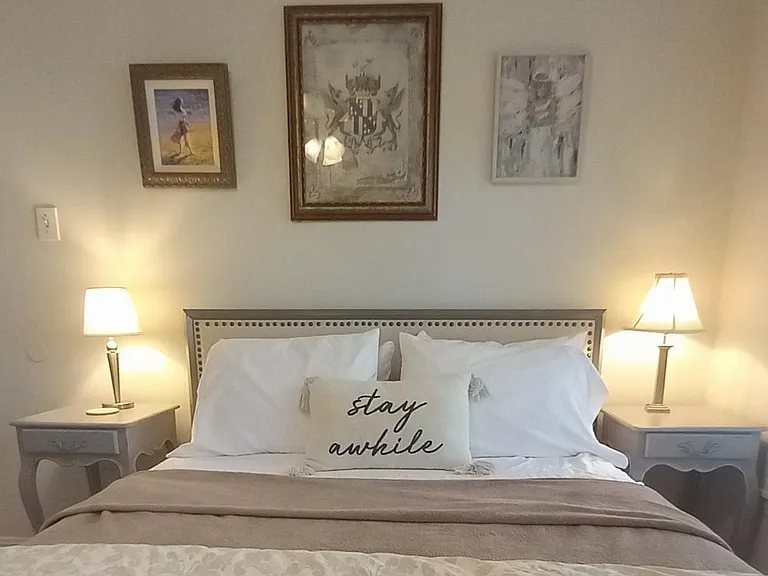Second Bedroom Features Queen Sleeping on Memory Foam Mattress, Bedside Charging Stations, Closet with Built in Drawer Space, Quiet Ceiling Fan