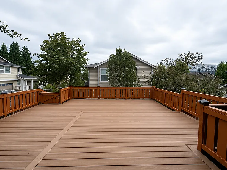 Backyard featuring a 400 sq ft composite deck with newly installed composite decking