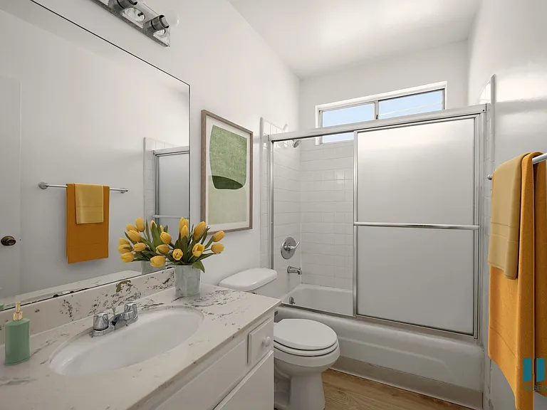 Bathroom with Shower Bath and Vanity Cabinet Storage