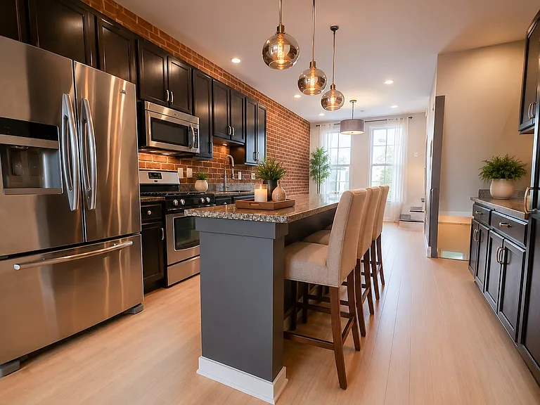 AI staging of current kitchen with the currently installed lighting. Only furniture and decor have been added