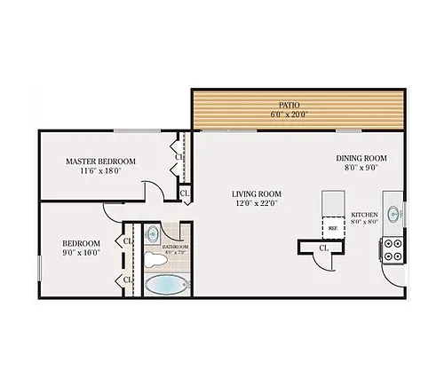 Floor plan 2 Bedroom 1 Bathroom