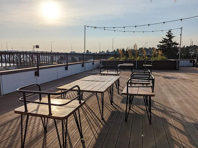 Rooftop terrace with views of the Space Needle and Mount Rainier