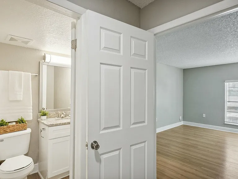 Inviting apartment view showcasing a cozy bathroom adjacent to a sunlit room with elegant wood flooring and soft gray walls.
