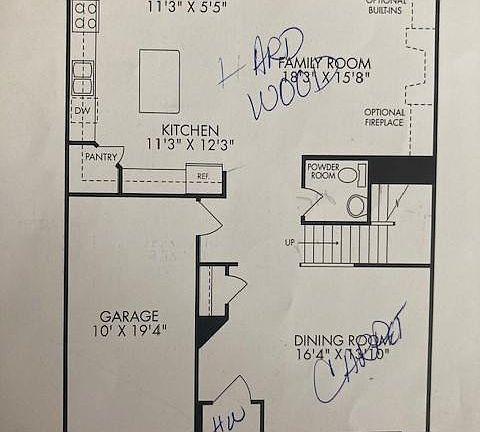 First floor plan (notes showing hard wood and carpeted areas)