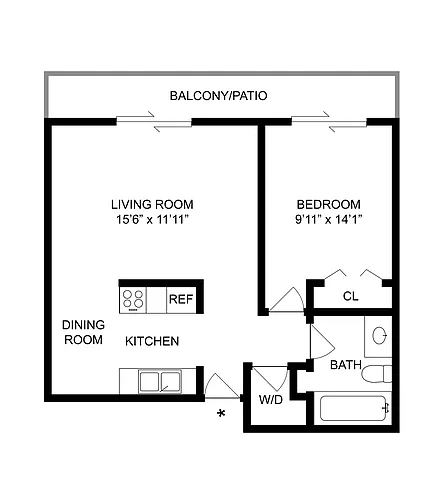 Floor plan 1 BR x 1 BA with Washer/Dryer