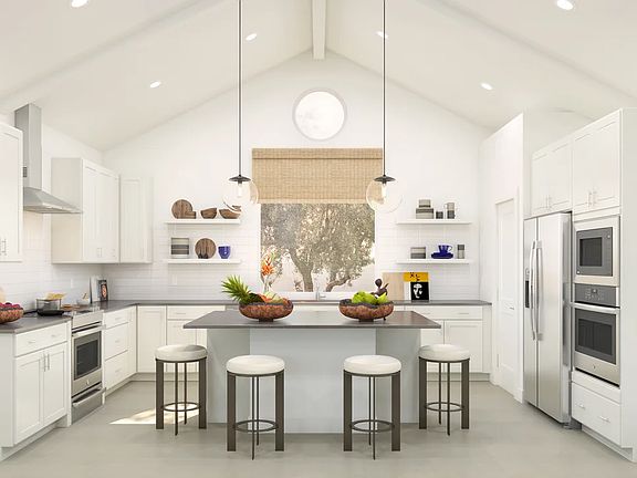Kitchen with island, pendant lighting, optional white painted ceiling beams and open shelving