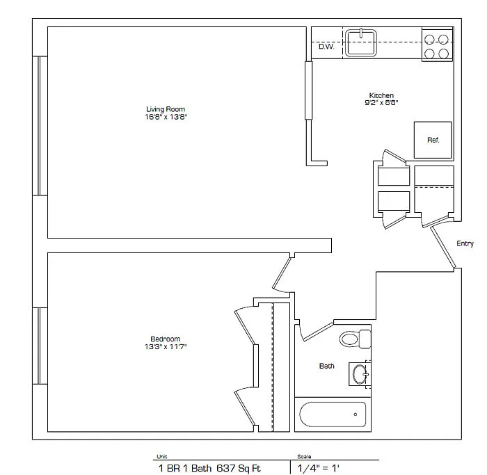 Floor plan 1BR-1BTH 637sf