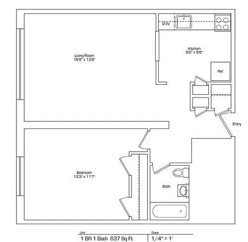 Floor plan 1BR-1BTH 637sf