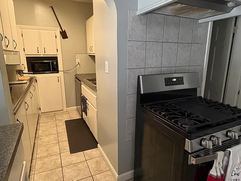 Galley Kitchen with sink, dishwasher and microwave.