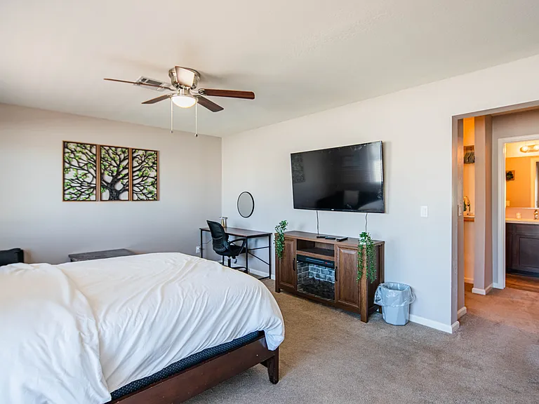With walk-in closet and master bathroom with double vanity sinks