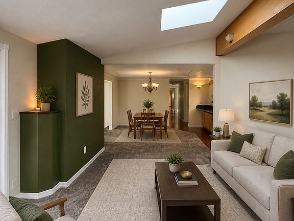 Entry sitting room and dining room. 

Images are virtually staged using AI to showcase the home's potential. Actual layout and finishes are accurate; furnishings are not included.
