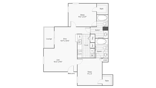 Floor plan 2 BR x 2 BA with W/D - A