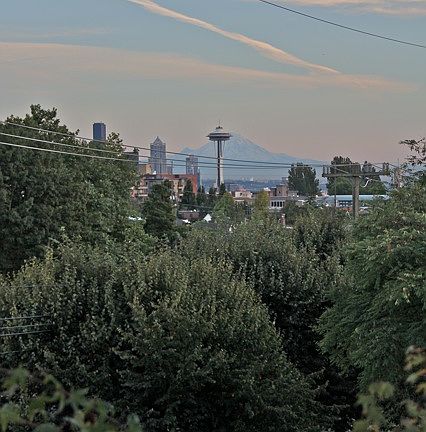 View of Space Needle and Mt Rainier from Living Room
