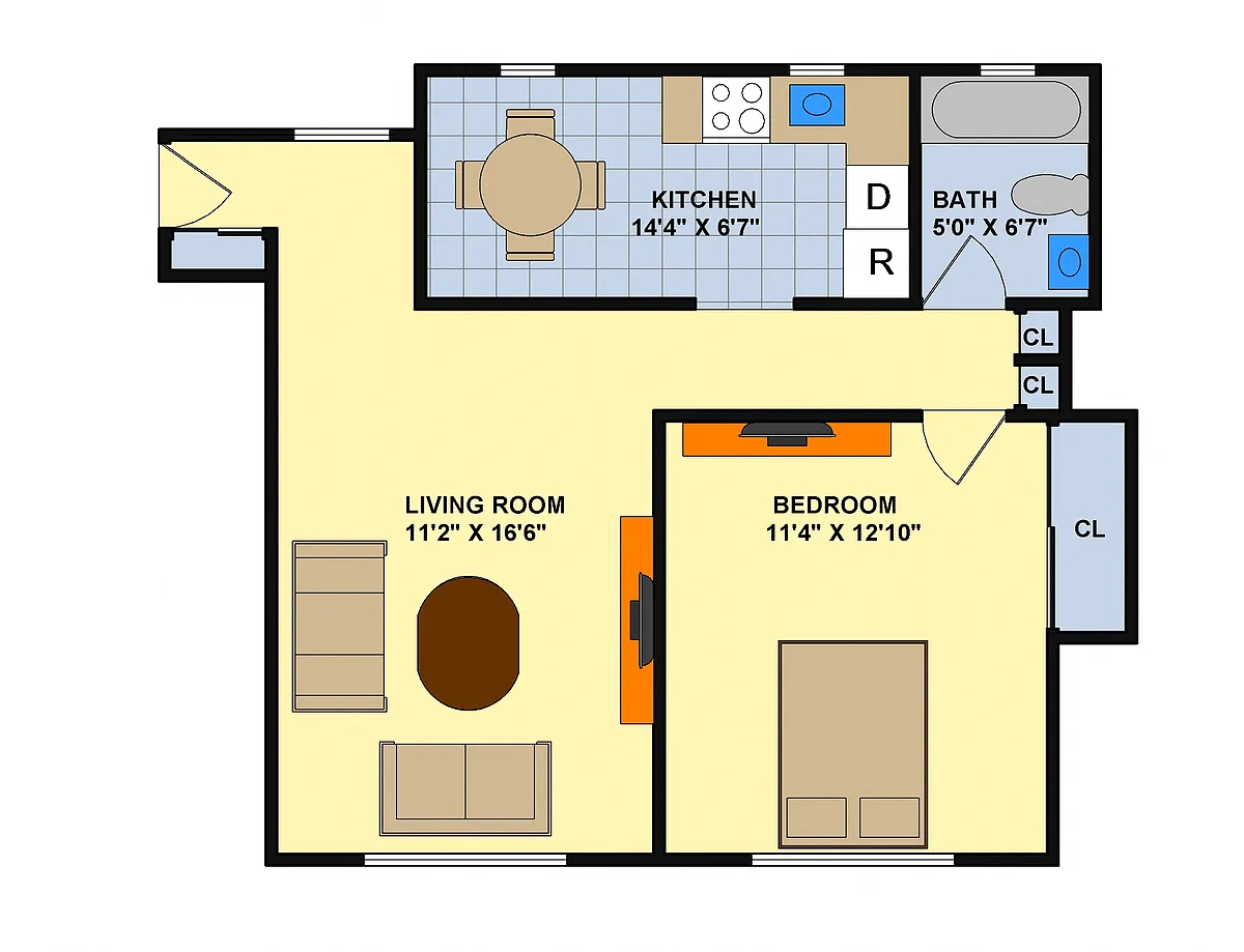 Floor plan One Bedroom (Downstairs)
