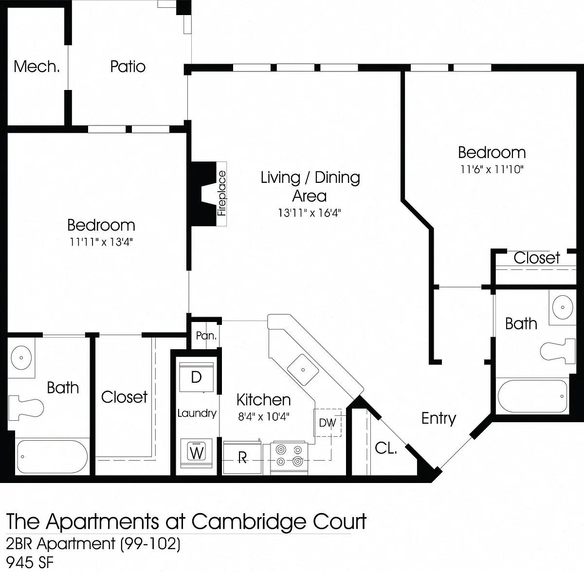 Floor plan 2BR 2BA (945sf)