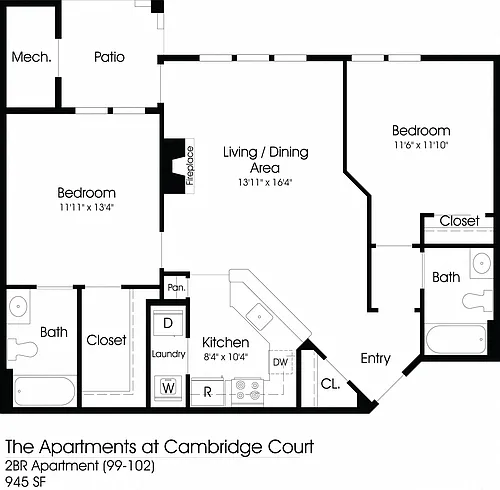 Floor plan 2BR 2BA (945sf)