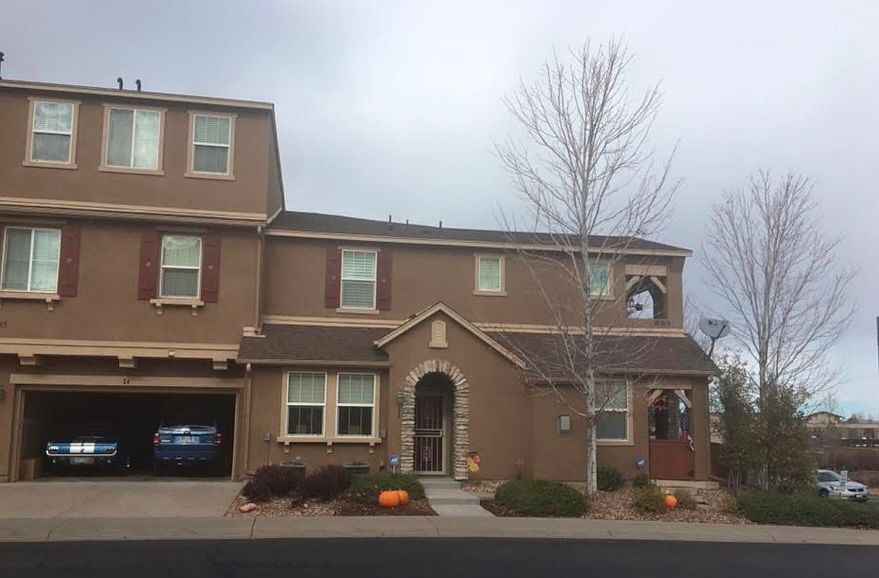Front view. Ground floor, gorgeous upgraded ranch (no stairs). Open floor plan that is both inviting and relaxing. Two car attached garage. Spacious covered side patio. Walk to shopping, restaurants and parks. Quiet neighborhood. Douglas County Schools.