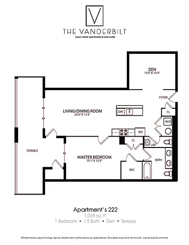 Floor plan 1 Bed - 1.5 Bath - Den - Terrace