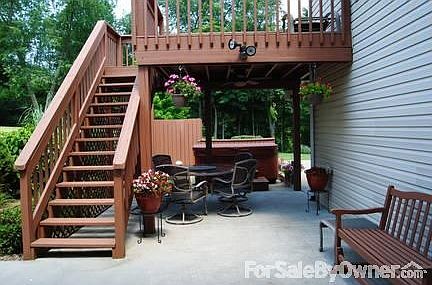 Step down dining room adds dimension and character.