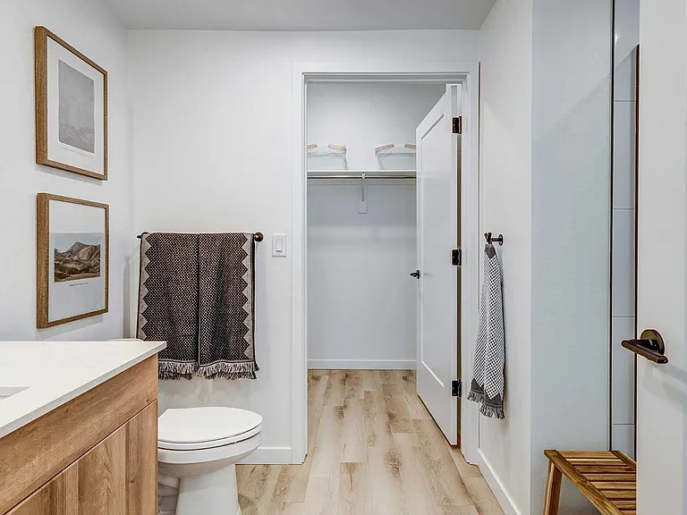 Enjoy a clean, contemporary bathroom layout with wood-style finishes, modern fixtures, and convenient access to a spacious walk-in closet.