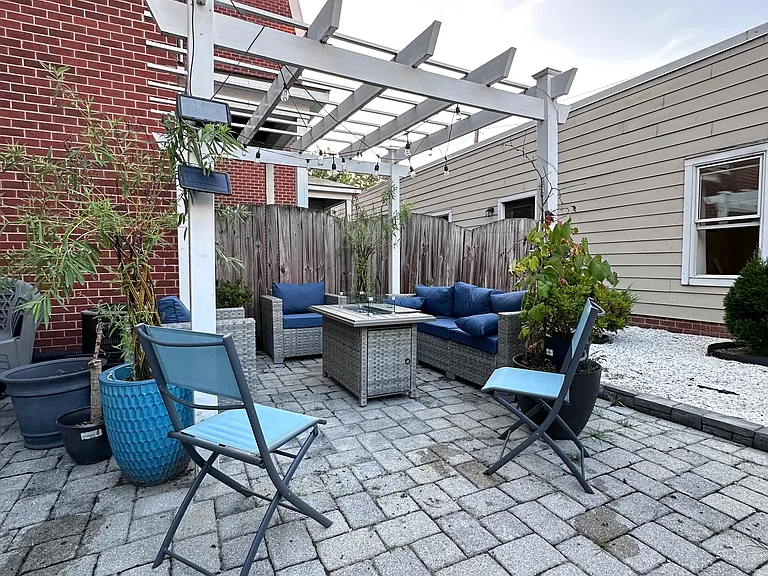 Patio with brand new patio furniture and firepit