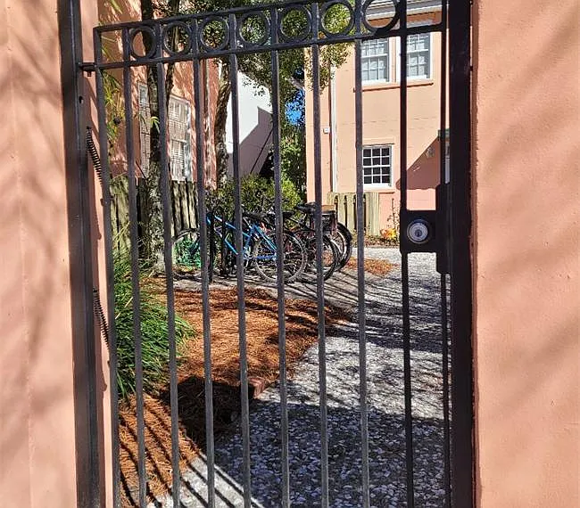 Bike rack located in the courtyard behind one of the 4 entry locked gates.