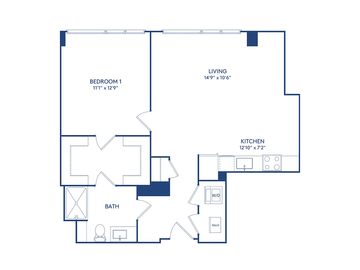 Floor plan 1 BR 1 BA (766 SF)
