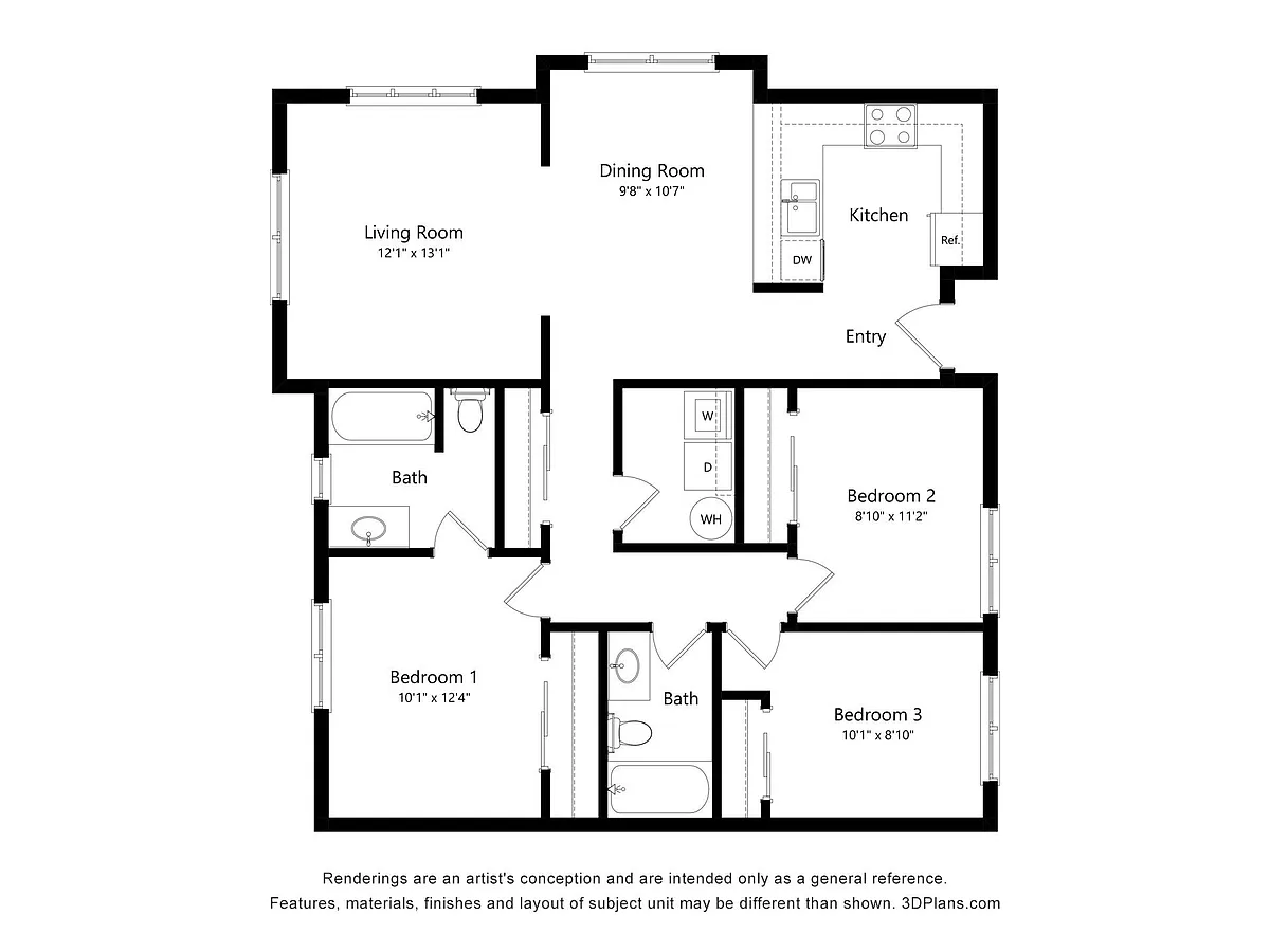 Floor plan 3 Bedroom, 1 Bath 60%