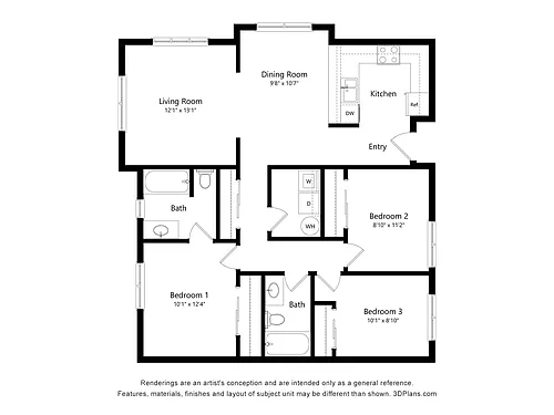 Floor plan 3 Bedroom, 1 Bath 60%