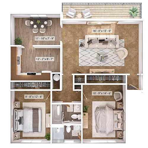 Floor plan 2 Bed, 2 Bath B
