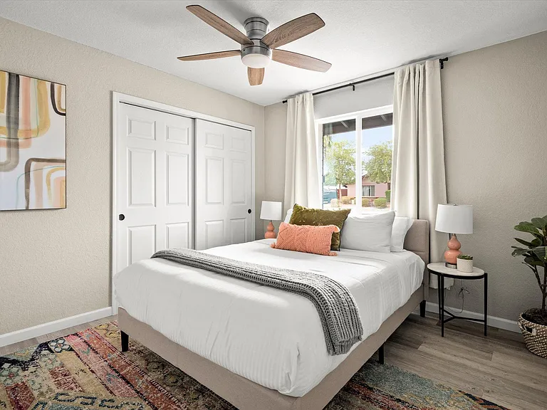 Queen Bedroom #2 
Blackout curtains
Ceiling fan 
TV