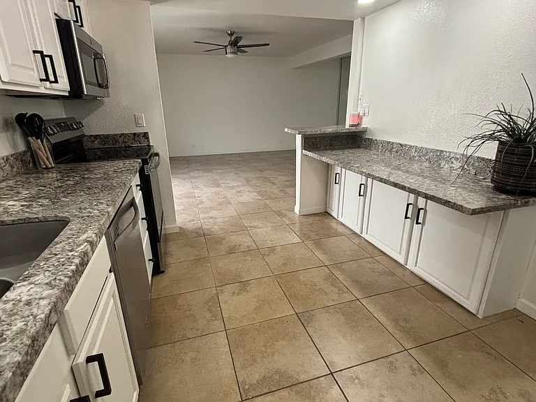 View into living area from kitchen