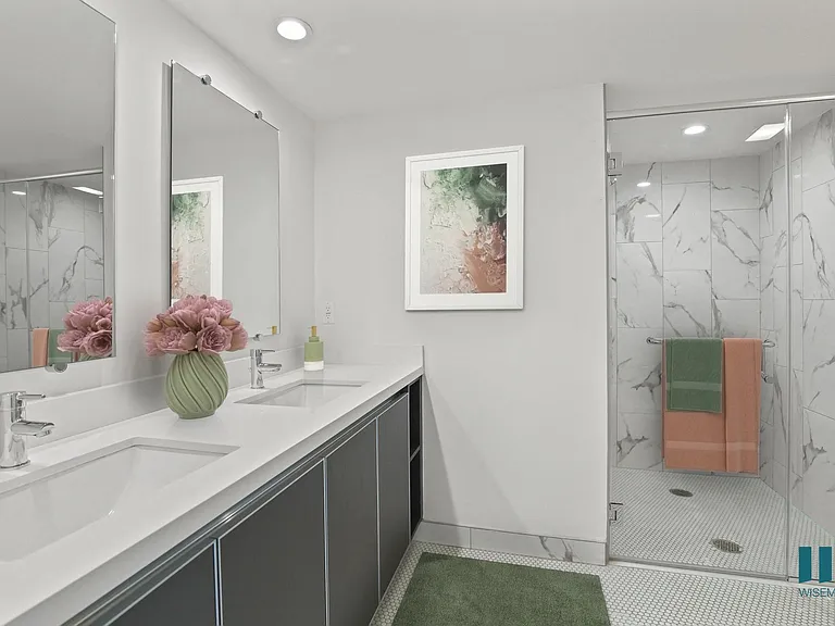 Bathroom with Walk-In Shower & Glass Door, and Double-Sink Vanity with Cabinet Storage