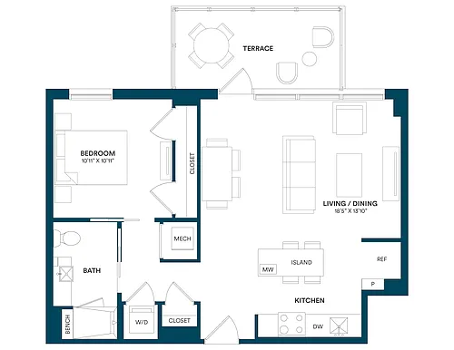 Floor plan 1 Bed/1 Bath-E2 PH 03