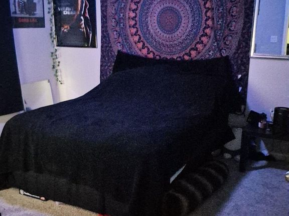 Spacious carpeted bedroom with ceiling fan, ample wall space for decor, and room for a full or queen bed setup.