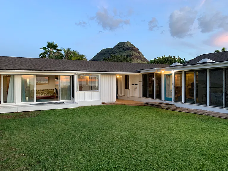 Oceanside yard, looking back at beach cottage and main house.