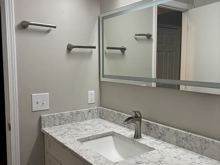 Modern towel rods & light fixture, quartzite counter, mirror w/ lighting and anti-fog heating.