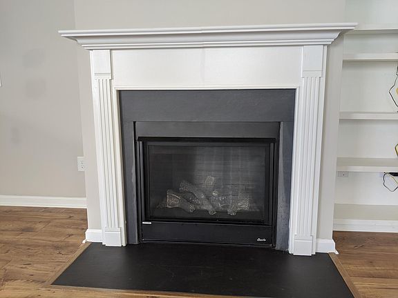 Gas fireplace and custom library shelves