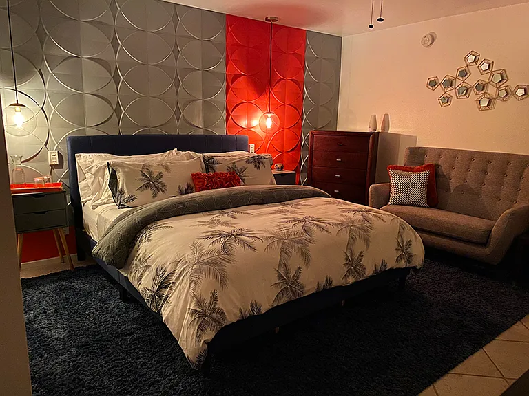 Orange Bedroom: California King size bed, ensuite bathroom, pool view and access