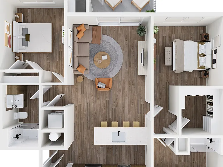 Explore the innovative design of this two-bedroom apartment with a stylish open-plan concept. Explore the innovative design of this two-bedroom apartment with a stylish open-plan concept.