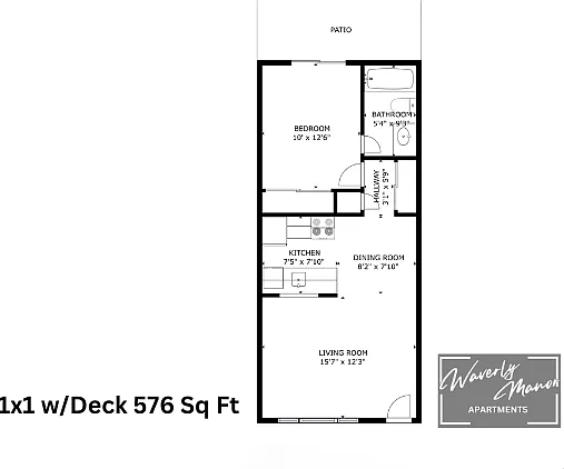 1 Bedroom 1 Bath with Deck or Patio Floor Plan 1 Bedroom 1 Bath with Deck or Patio Floor Plan