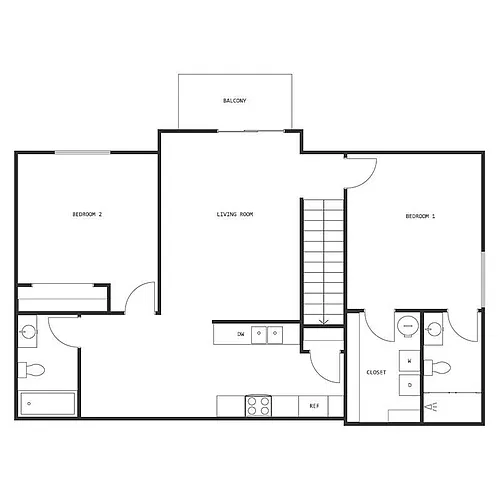 Floor plan 2 Bed 2 Bath Upper Split
