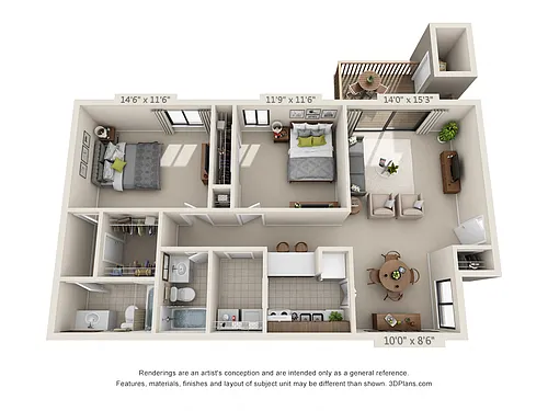 Floor plan 2 Bed 2 Bath Garden A